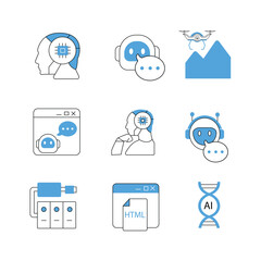 Vector icon set for AI-driven technology and communication. Features icons of AI chatbots, drone control, programming, and HTML code. Simple line design in blue and white.