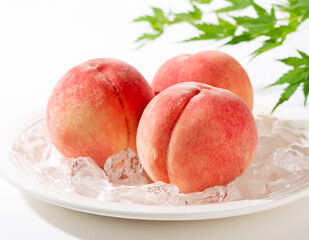 Cut peaches and ice on a plate on white background.