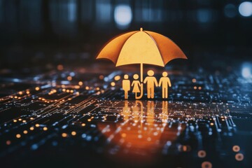 Digital Family Silhouette Under Umbrella Symbolizing Cyber Insurance and Protection