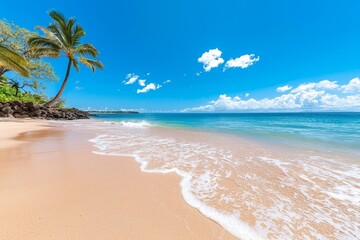 Serene, peaceful beachfront with golden sand, palm trees, and gentle waves, realistic, tropical paradise