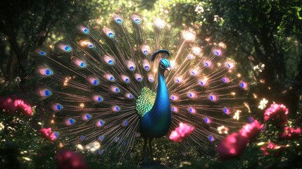 Obraz premium A colorful peacock is standing in a field of flowers