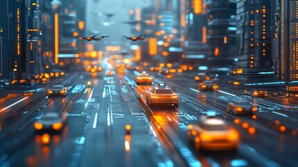 3D render of a smart city with flying taxis and autonomous vehicles navigating complex road networks