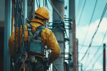 Electric Utility Worker On Power Lines With Safety Gear And Tools