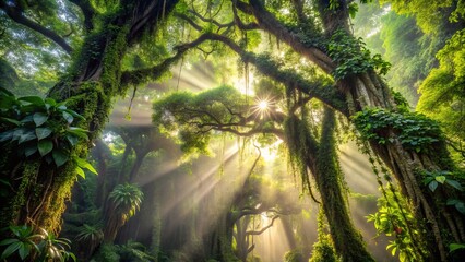 Naklejka premium Vines, foliage, and trees form a vibrant canopy that ascends towards the sky, basking in warm light amidst