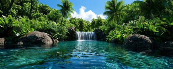 Naklejka premium Serene, tranquil waterfall in a lush green forest, realistic, natural beauty