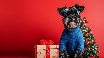 cut schnauzer puppy dog celebration christmas holiday background marry christmas and happy new year