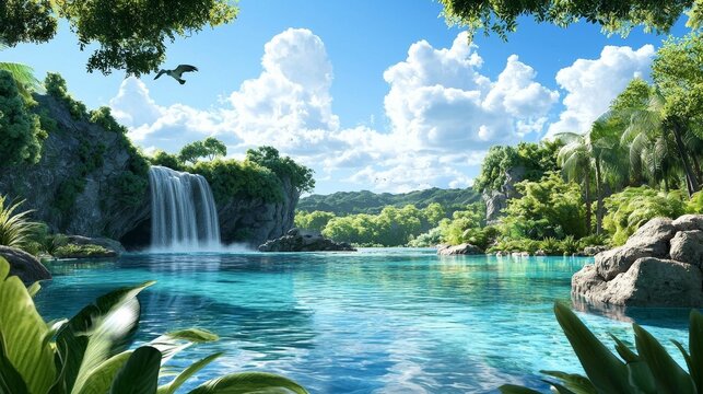 Serene, tropical paradise with a cascading waterfall, lush vegetation, and exotic birds, realistic, idyllic escape