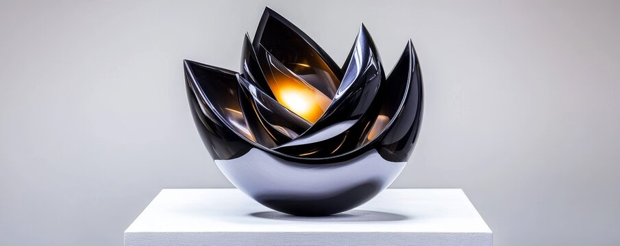 Striking, abstract metal sculpture with sharp angles, industrial, contemporary, sculpture, visual intrigue :: metallic luster, intricate composition, three-dimensional form