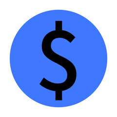 Black dollar symbol centered within a solid blue circle in flat vector style. Ideal for finance, budgeting, banking, currency, economic themes. The solid design uses contrasting colors to highlight