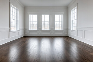 Fototapeta premium Empty room in a property with white walls, wooden floors and windows providing natural lightning. Residential Real Estate mockup image.