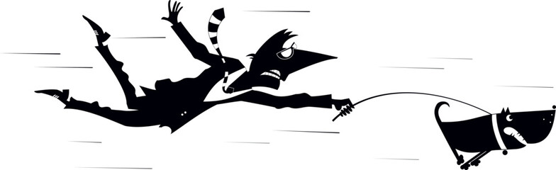 Funny man and disobedient dog. 
Cartoon young man tries to stop a running away dog. Black and white
