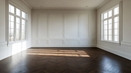 Empty room in a property with white walls, wooden floors and windows providing natural lightning. Residential Real Estate mockup image.