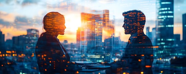 Fototapeta premium Business Silhouettes Cityscape Sunset Double Exposure