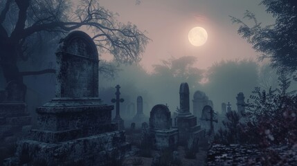 A graveyard with a large moon in the sky