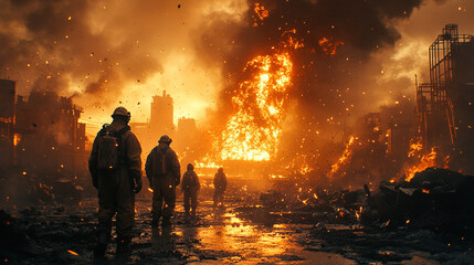 Brave firefighters battle a massive blaze in a devastated urban landscape, showcasing heroism amidst destruction and chaos.