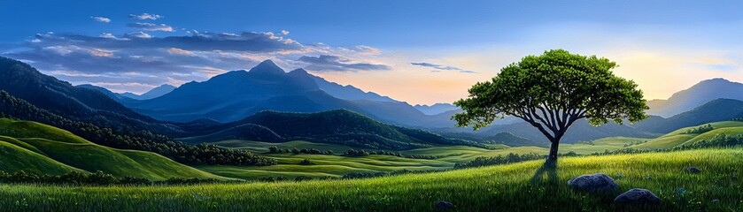 Tranquil, watercolor painting of a serene meadow at sunset, atmospheric, visual serenity