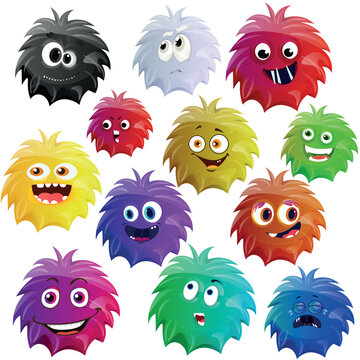 Set of cheerful monsters microbes, furry character, with the manifestation of different emotions, emoji, flat cartoon style.
