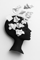 Shadow of a person s head with crumpled papers floating out, symbolizing mental clutter, anxiety, and psychological overwhelm