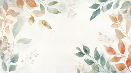 Delicate watercolor background with soft leaves and floral elements in muted colors, perfect for nature-themed templates and invitations.