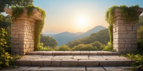 Mockup sandstone podium for product presentation in ancient ruins with stone overgrown green vines and blue sky sun.