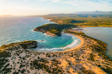 Aerial view of voidokilia beach, lagoon with beaches in mediterranean, Ionian Sea, Pylos town ,...