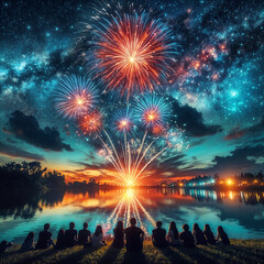 Obraz premium Feux d'artifice éclatants se reflétant sur l'eau en pleine nuit, une grande ville illuminée par des explosions colorées, symbolisant les festivités collectives, la fête nationale et la célébration d'u