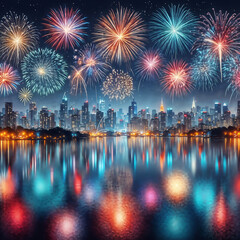 Fototapeta premium Feu d'artifice et reflet sur l'eau de nuit, grande ville illuminée par des feux d'artifice colorés, symbolisant la fête nationale, les festivités collectives et la célébration de la victoire