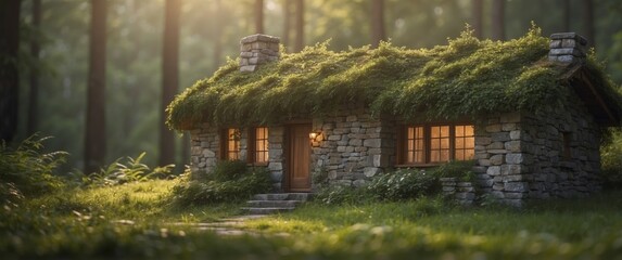 A Stone Cottage Nestled in a Lush Green Forest.