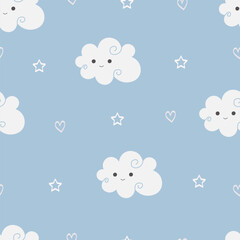 Cute cloud smiling face seamless pattern. With stars and hearts. For fabric, textile, wallpaper, wrapping paper, kids apparel, baby product. Vector illustration