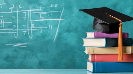 Graduation cap resting on a tall stack of colorful books, chalkboard with math equations in the background, symbolizing academic achievement