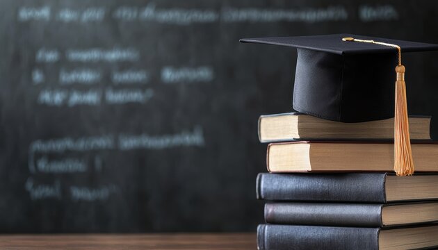 Graduation cap on a tower of books, classroom blackboard in the background, focus on learning, knowledge, and academic success
