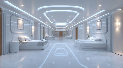 Obraz premium Sleek modern interior featuring stylish beds, bright lighting, and a clean, reflective surface in a spacious hallway.