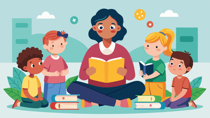 Illustration of a teacher reading a book to children.