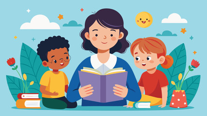 Illustration of a teacher reading a book to children.