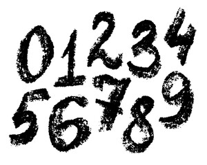 Digital drawing of grunge brush drawn numbers from 0 to 9. Dirty painted number set.