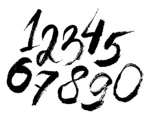 Digital drawing of grunge brush drawn numbers from 0 to 9. Dirty painted number set.