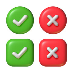 3d buttons of Yes and No. Realistic right and wrong icon. Plastic red cross and green tick