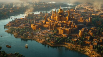 Fototapeta premium Golden City by the River: An aerial view of a majestic, ancient city nestled beside a tranquil river, showcasing stunning architecture and rich cultural heritage.