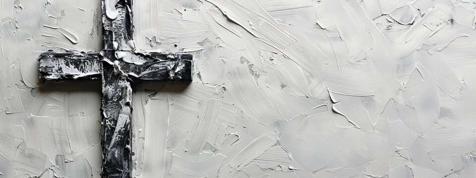 Abstract grunge Christian cross painted on gray background.