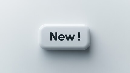 A clean "New!" button displayed on a plain background, with bold typography emphasizing fresh content or products. Simple yet eye-catching.