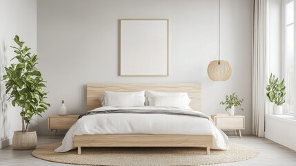 Modern bedroom with minimalist design, featuring natural elements and neutral colors.