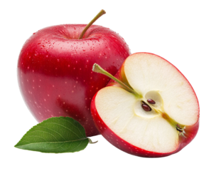 A red apple with a slice and leaf, isolated on a white background