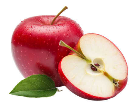 A red apple with a slice and leaf, isolated on a white background