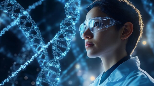 Advanced AI-powered genome sequencing laboratory: Scientists using AI systems to study human DNA.