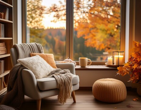 Rinc&oacute;n acogedor de lectura en oto&ntilde;o: "Una silla c&oacute;moda junto a una ventana grande, con una manta suave y varios cojines. En la mesa cercana, una taza de t&eacute; caliente y una vela encendida."