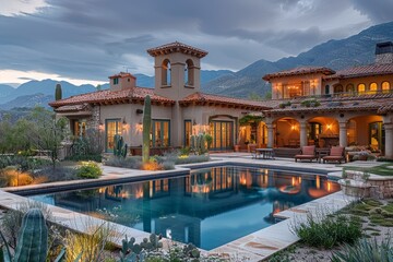 Naklejka premium Luxurious Spanish-style desert home with outdoor pool, garden, and mountain views, warm interior lights, and patio seating reflected in the pool's water.
