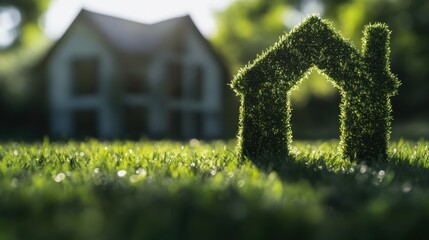 A house-shaped outline made from fresh green grass against a clear background, representing eco-friendly living and sustainability.