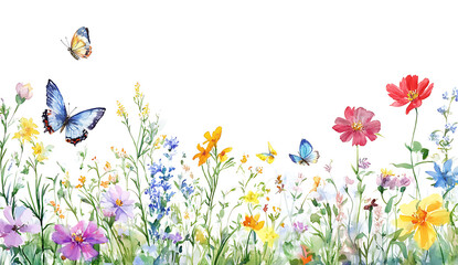 A watercolor illustration of butterflies and wildflowers in a meadow, with a white background 