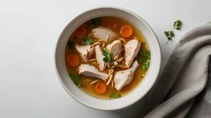 Chicken soup in a white ceramic bowl isolated on white top view