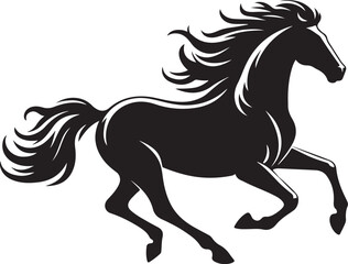 Black silhouette of a grazing horse isolated on a white background. Concept of a wild animal illustration, minimalist style, equine art. Print, icon, logo